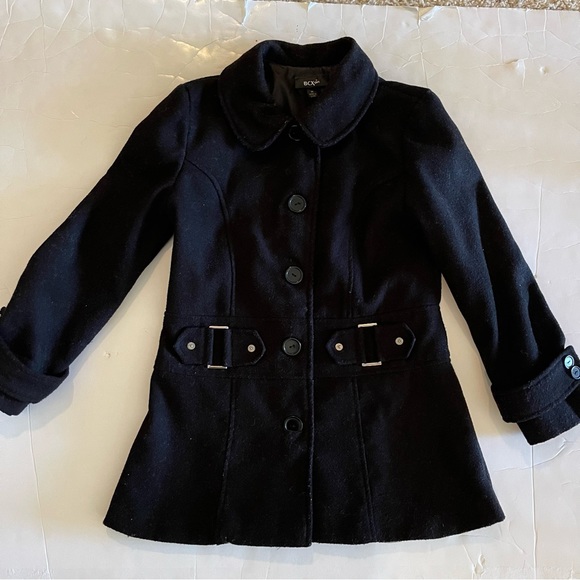 Black Button-front Felt Satin Lined Girls Midi Jacket - Picture 3 of 9